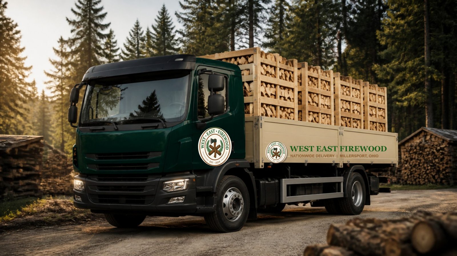 West East Firewood delivery truck with our badge on the door and side panel, loaded with crates of kiln-dried oak at the yard