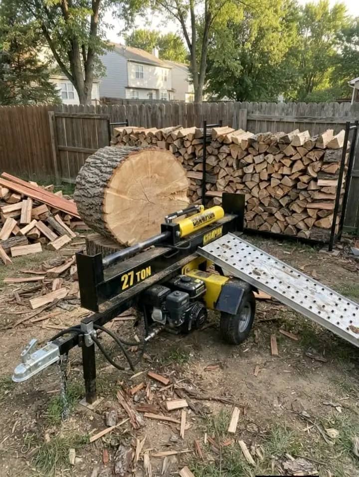 Hydraulic log splitter next to stacked firewood at the yard